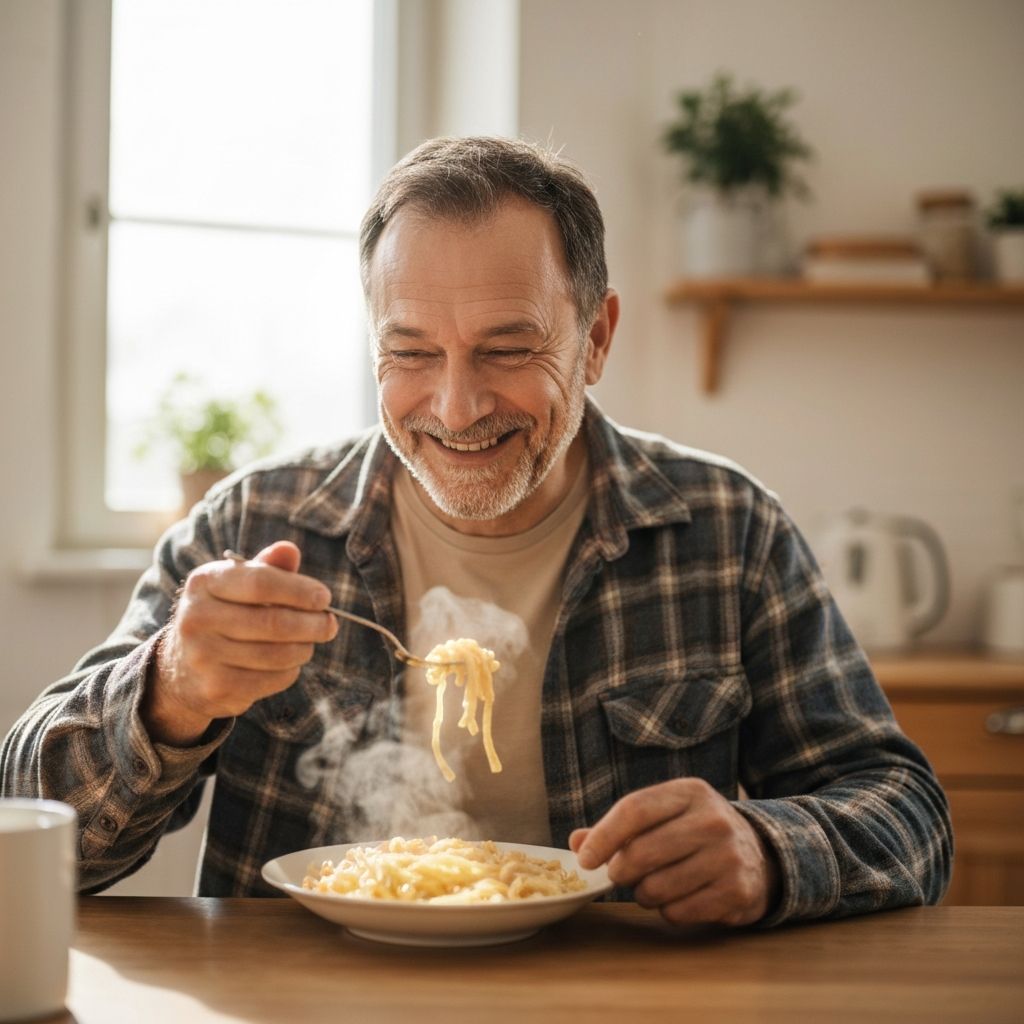 Henkilö nauttii ruuasta kotona, rauhallinen hetki